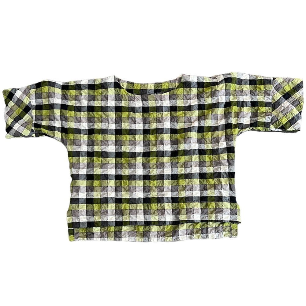 Quilted plaid top, 3/4 sleeve boxy scoop neck, relaxed shape by Gershon Bram